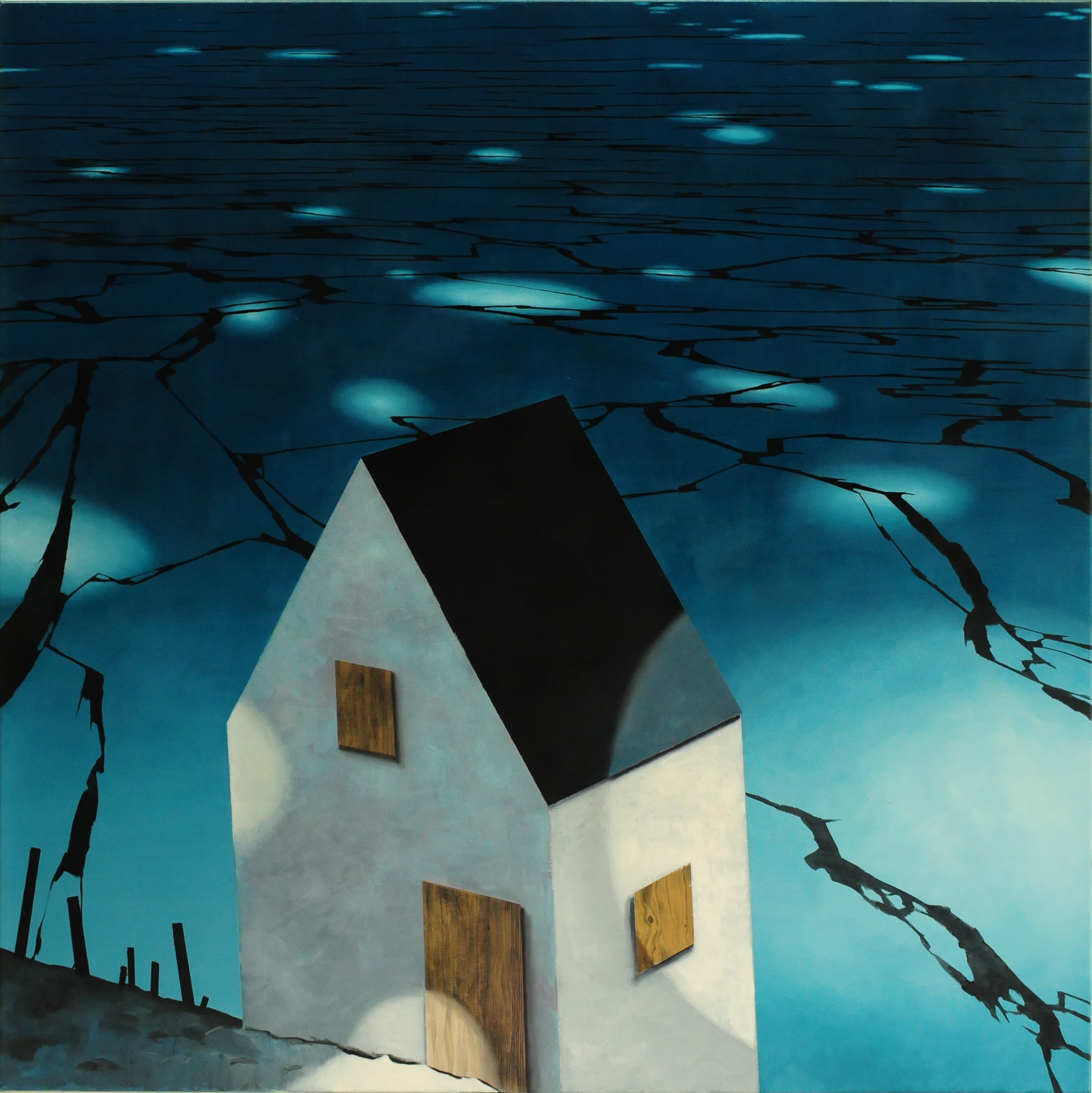 Haus mit Lichtflecken,2014,150x150cm,Ol auf Lw