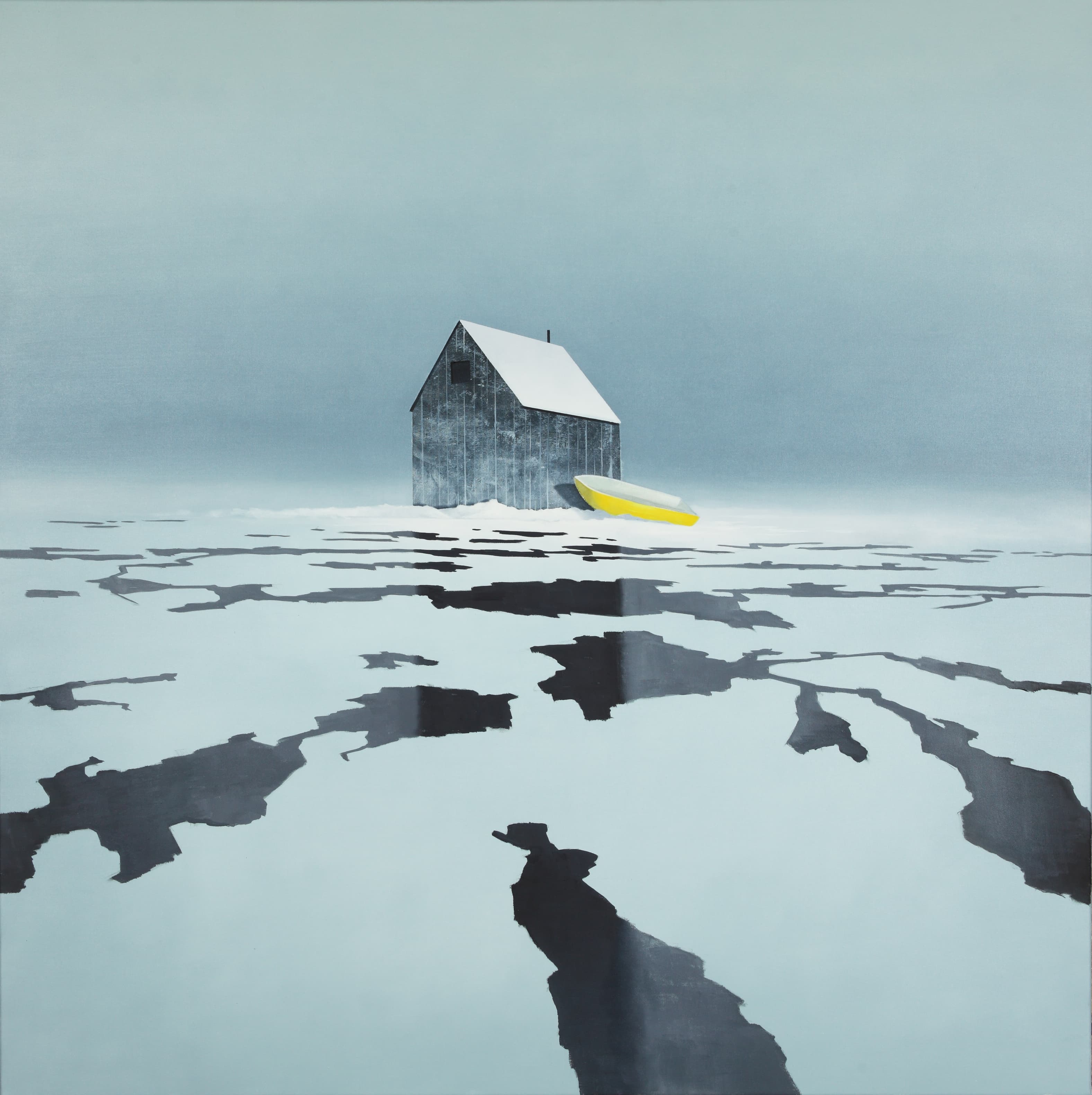 Haus mit gelbem Boot,2012,150x150cm,Ol auf Leinwand