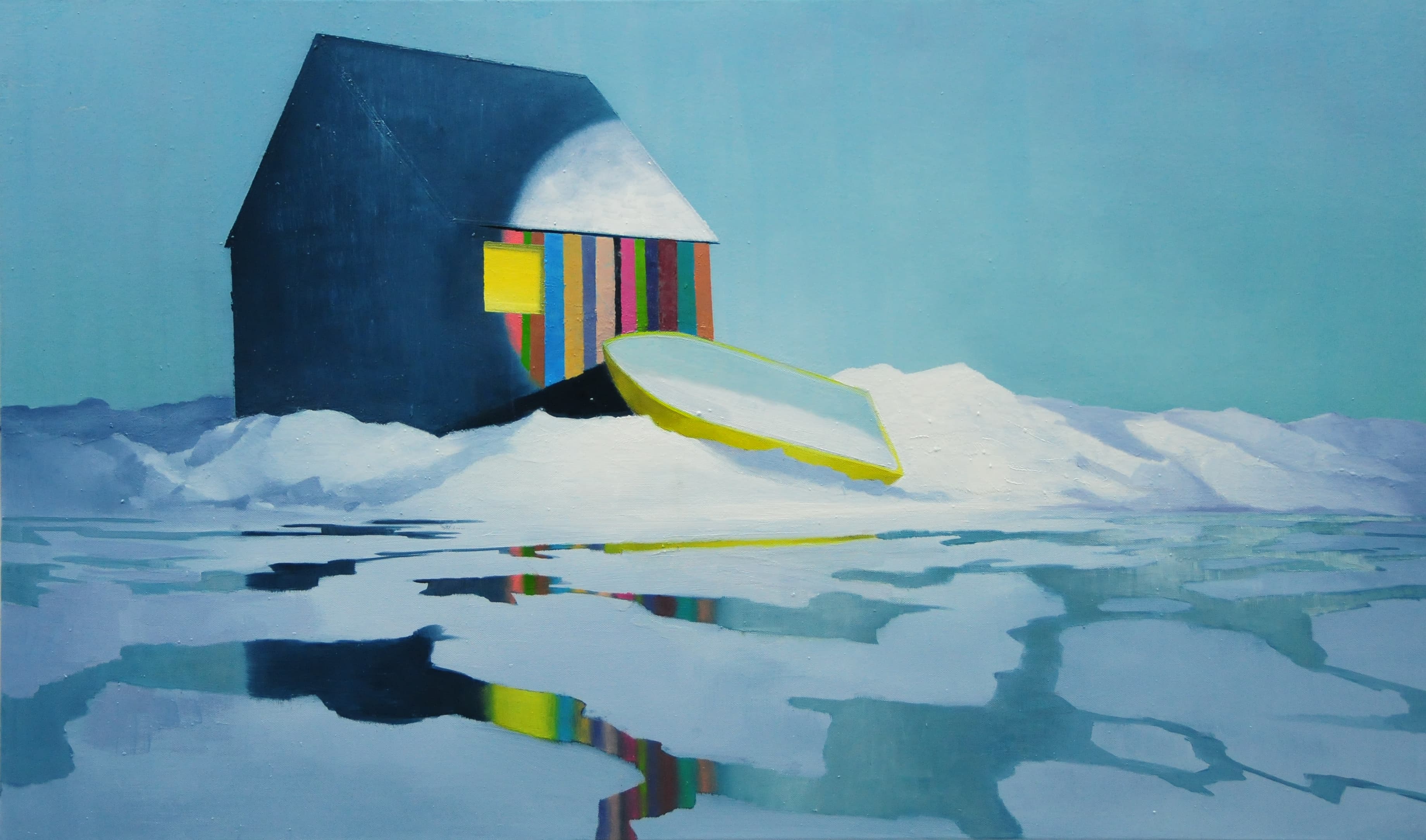 Streifenhaus mit gelbem Boot, 60x100cm,2013